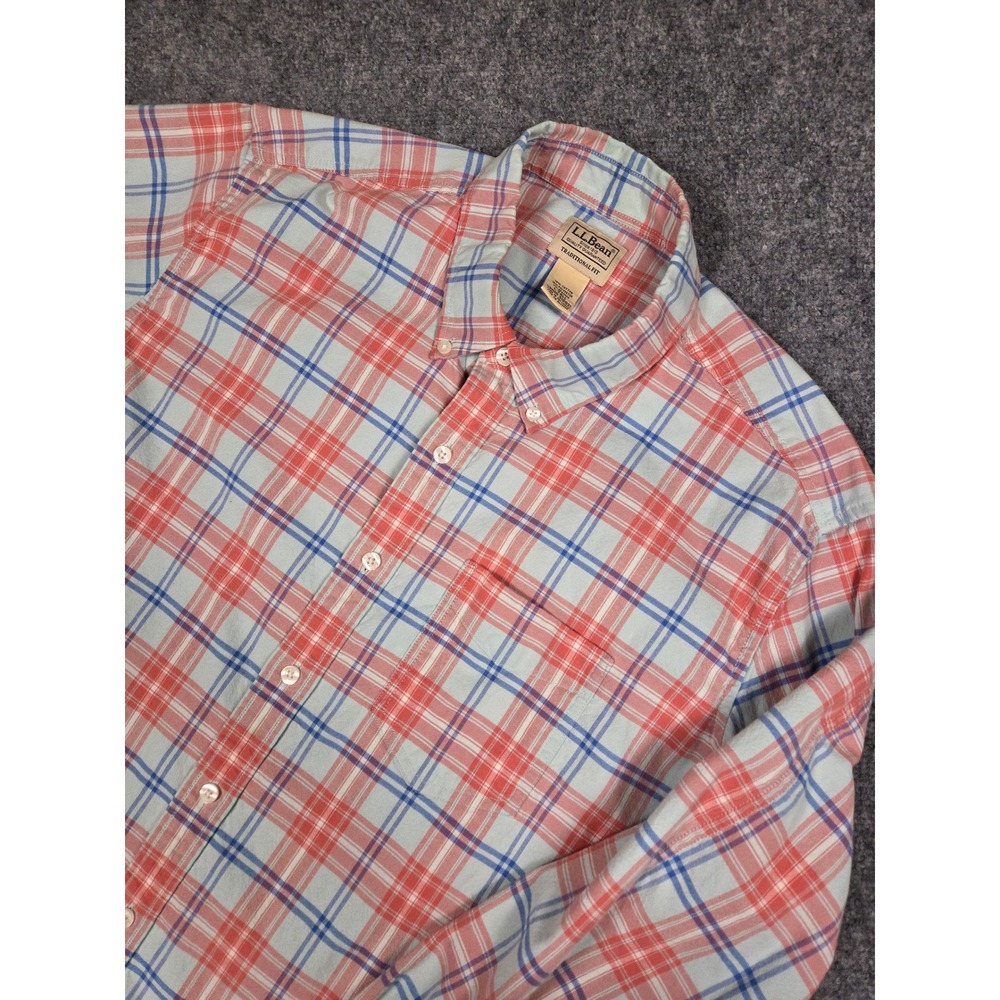 L.L.Bean Shirt Mens Large Tall Plaid Button Down Coral Blue Traditional Fit